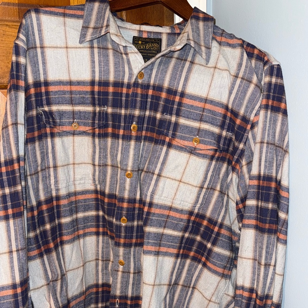 Lucky Brand Men's Flannel Untucked Plaid Button Up - Blue and Orange
